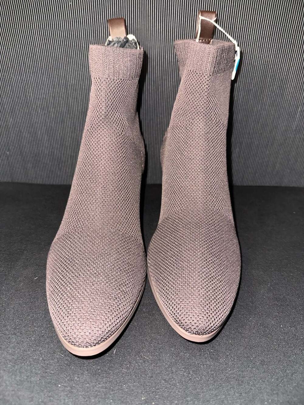 No.86 Violet & Red Clarissa Brown Knit Sock Booties with Block Heel